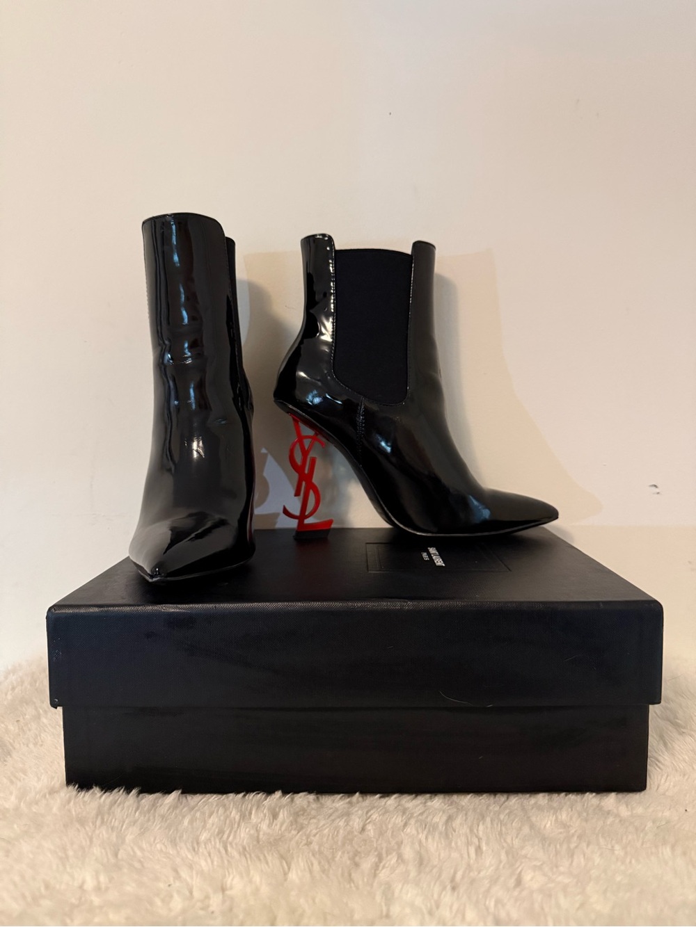 Saint Laurent Opyum Black Patent Ankle Booties with Red YSL Logo Heel